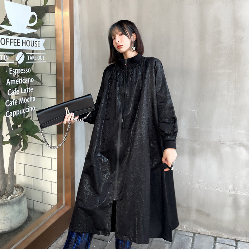 Designed Stand Collar Black Lighted Long Outerwear