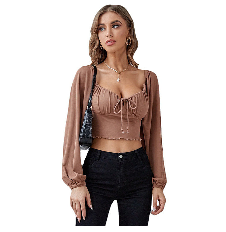 Sexy Midiriff Baring Strawing Long Sleeves Short Tops