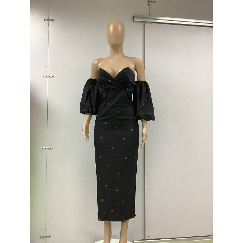 Sexy Strapless High Waist Puff Sleeves Strawberry Dresses