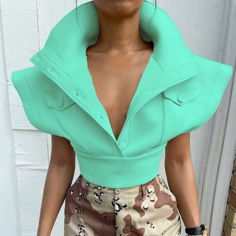 Designed Stand Collar Short Women Top Coat