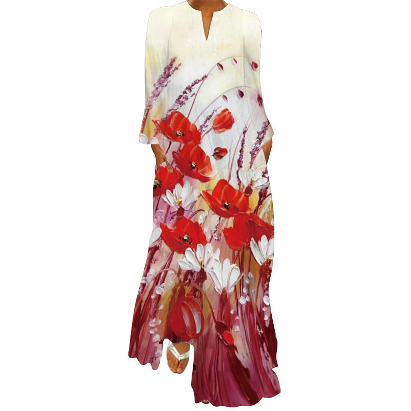 Casual V Neck Loose Plus Sizes Long Dresses