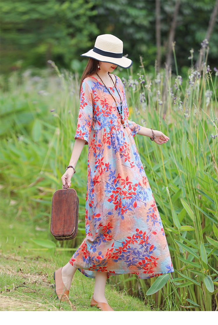 Ethinc Line Summer Half Sleeves Women Long Dresses
