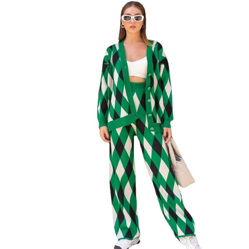 Women Geometry Casual Knitting Top&Pants Two Pieces Suits