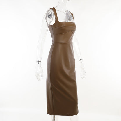 Sexy PU Leather Long Sleeveless Dresses
