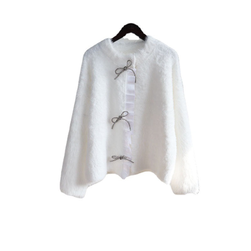 Lovely Mink Wool Bowknot Design Women Overcoat