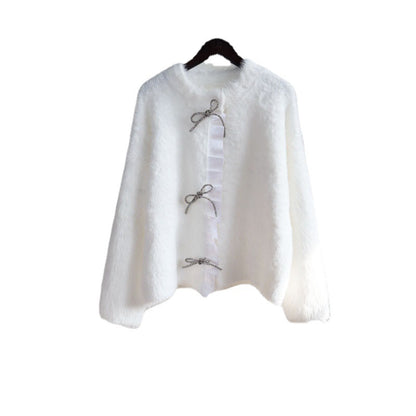 Lovely Mink Wool Bowknot Design Women Overcoat