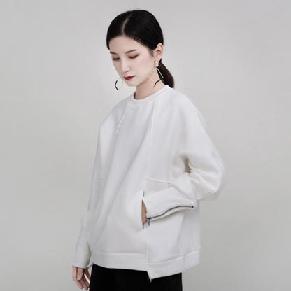 Women Round Neck Zipper Loose Hoodies Sweaters