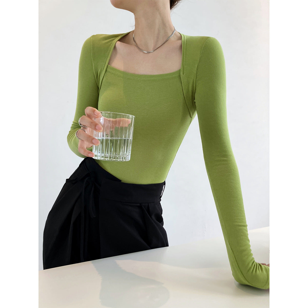 Women Sexy Square Neckline Long Sleeves T Shirts