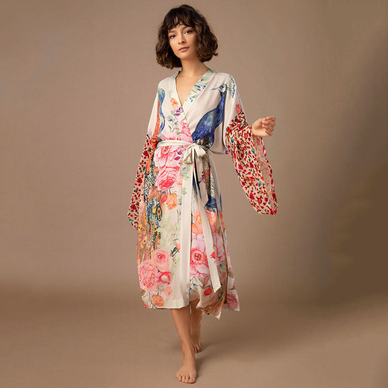 Peacock Print Kimono Beachwear Cover Ups
