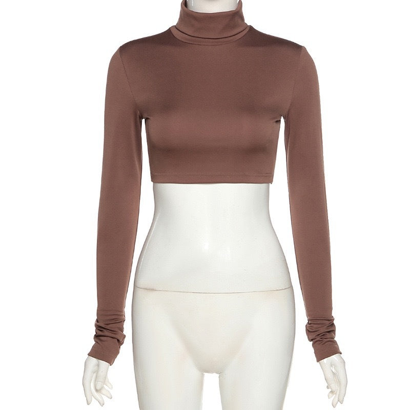 Sexy Long Sleeves High Neck Middriff Baring Women Tops