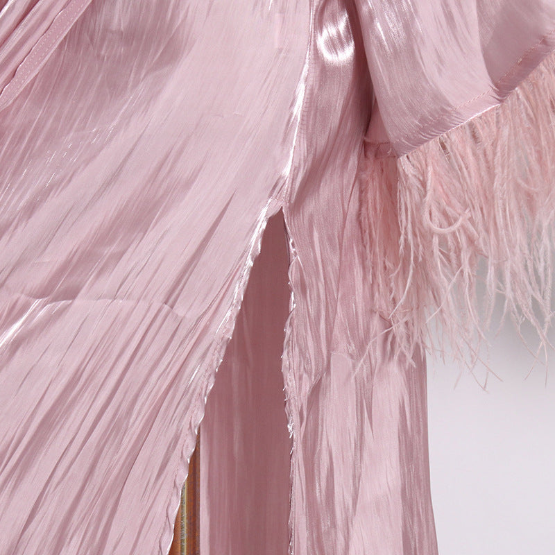 Luxury Elegant Feather Design Pink Long Dresses
