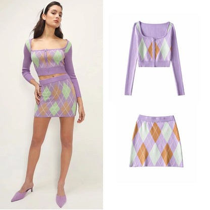 Elegant Midriff Baring Short Tops and Mini Knitting Skirts