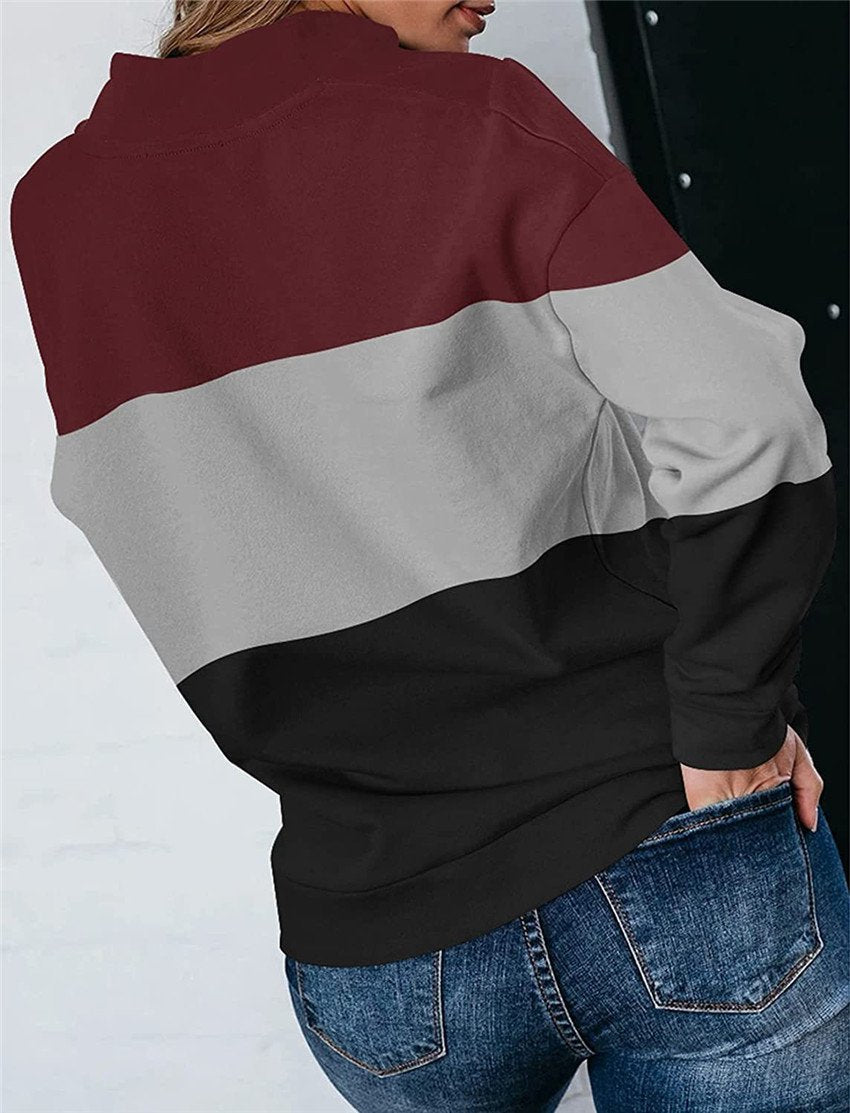 Women Casual Contrast 3 Colors Zipper Neck Fall Hoodies