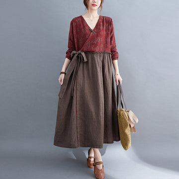Vintage V Neck Flower Designed Slim Waist Long Maxi Dresses