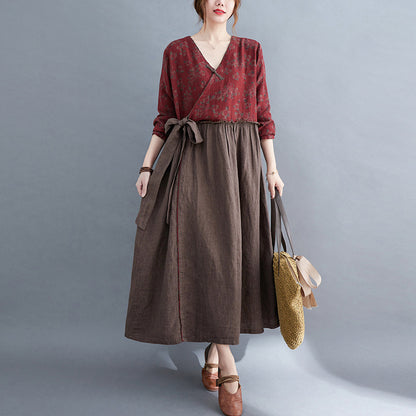 Vintage V Neck Flower Designed Slim Waist Long Maxi Dresses