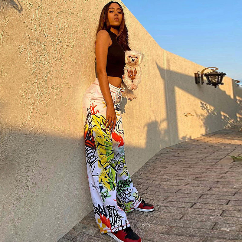 Casual Graffiti Print Wide Legs Pants for Women