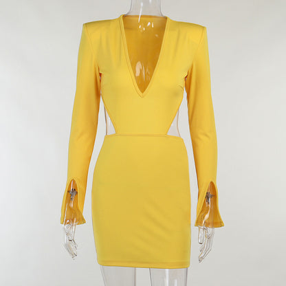 Women Sexy V Neck Midriff Long Sleeves Dresses