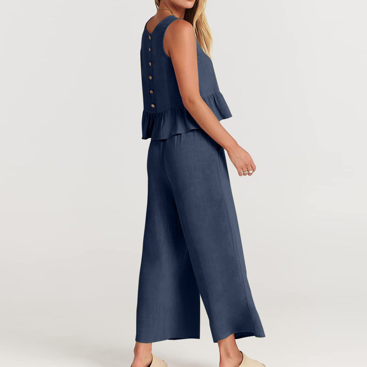 Summer Sleeveless Linen Two Pieces Women Suits
