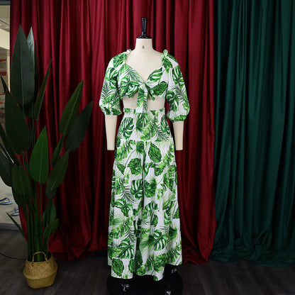 Casual Leaf Print Two Pieces Women Suits