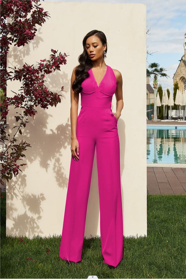 Sexy Shoulder Straps Rose Red Wide Legs Jumpsuits
