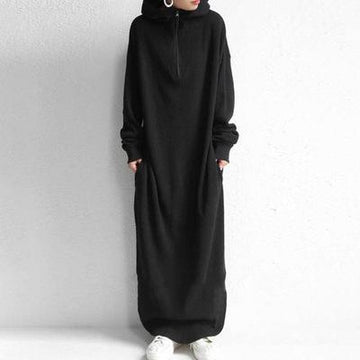 Women Casual Zipper Fall Long Hoody Dresses-STYLEGOING