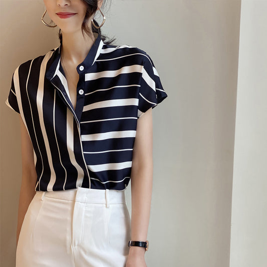 Women Chiffon Striped Stand Collar Short Sleeves T Shirts