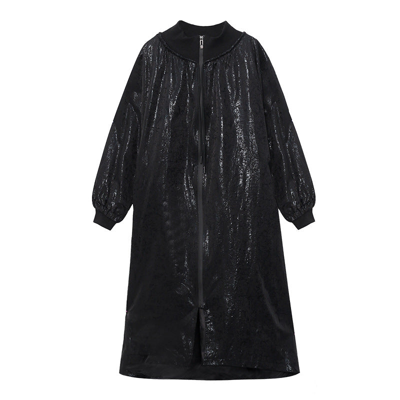 Designed Stand Collar Black Lighted Long Outerwear