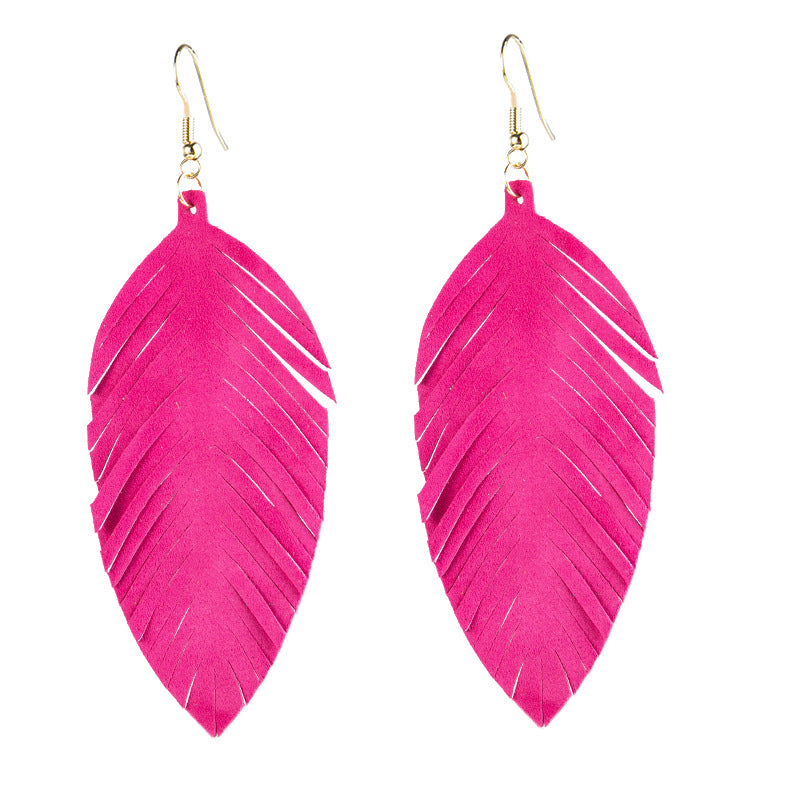 Leaves Designed Tassels Pu Leather Women Earrings