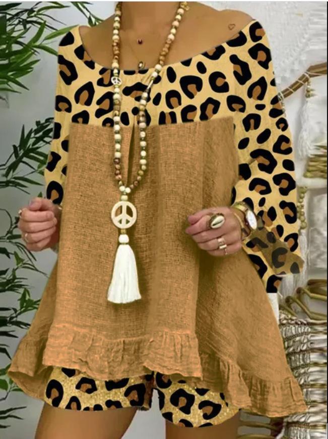 Plus Size Sumemr Leopard Linen Blouses&Shorts Suits-STYLEGOING
