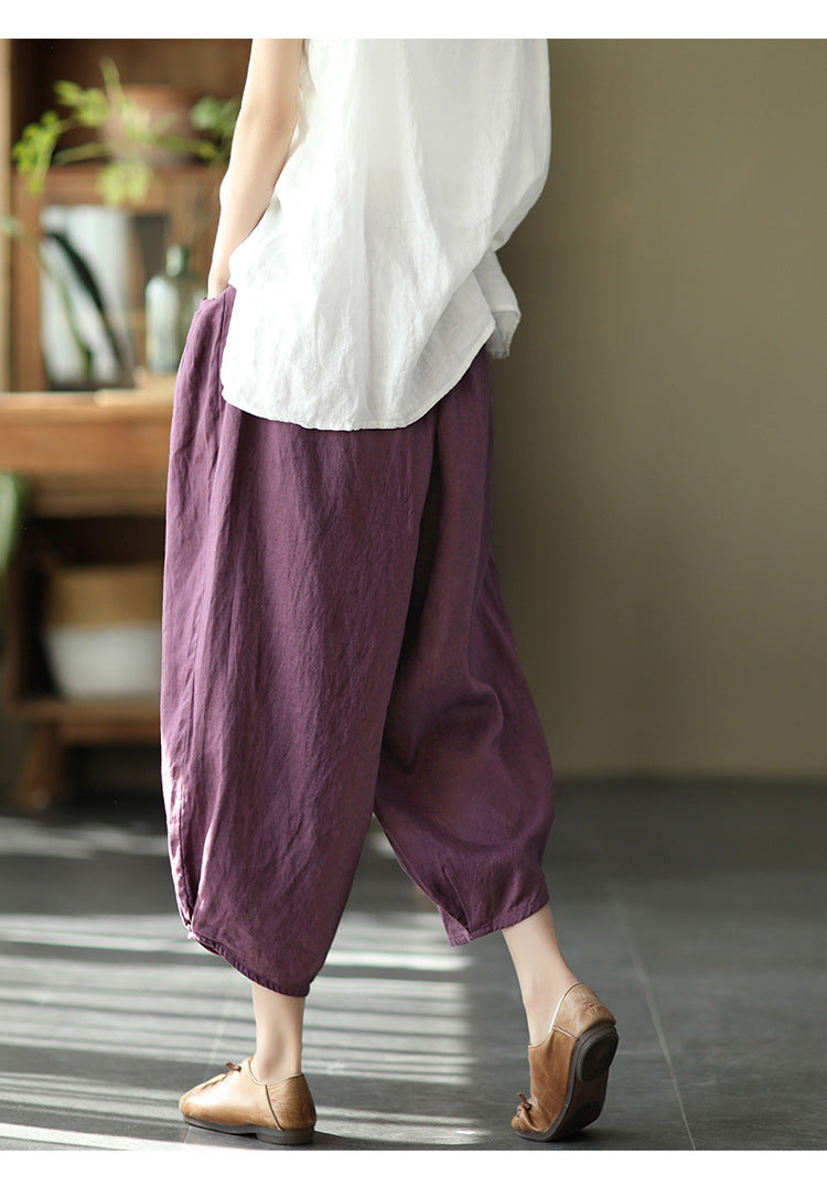 Vintage Elastic Waist Linen Summer Trousers for Women