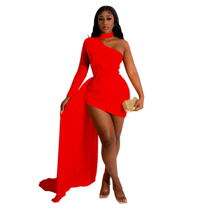 Sexy Feather Design One Shoulder Evening Party Dresses