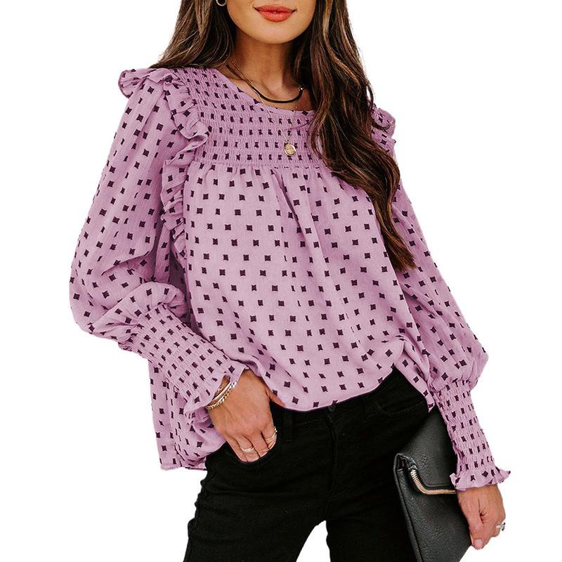 Women Ruffled Dot Print Chiffon Tops Blouses-Pink-S-Free Shipping at meselling99