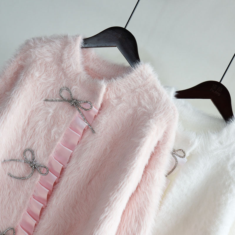 Lovely Mink Wool Bowknot Design Women Overcoat