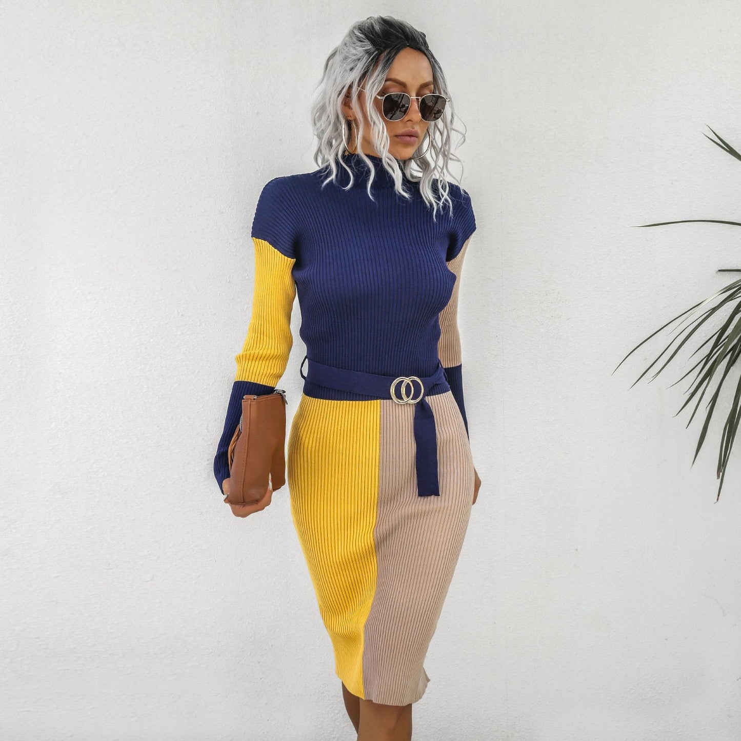Sexy High Neck Contrast Color Knitting Fall Dresses