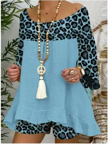 Plus Size Sumemr Leopard Linen Blouses&Shorts Suits-STYLEGOING