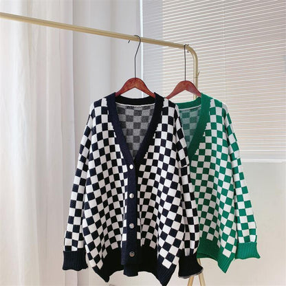 Women Chessboard Print Loose Knitting Cardigans