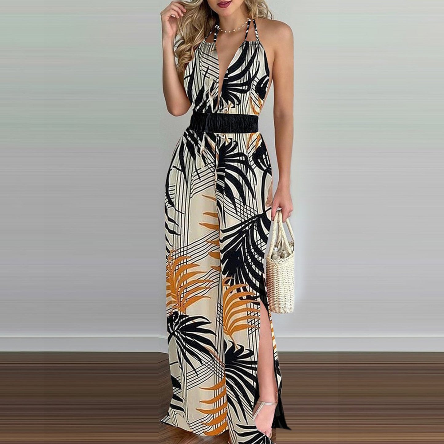 Sexy Floral Print Halter Women Jumpsuits-STYLEGOING