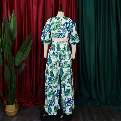 Casual Leaf Print Two Pieces Women Suits