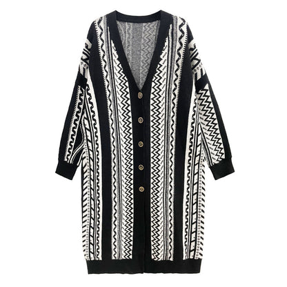 Casual Black Striped Long Knitting Cardigan Tops
