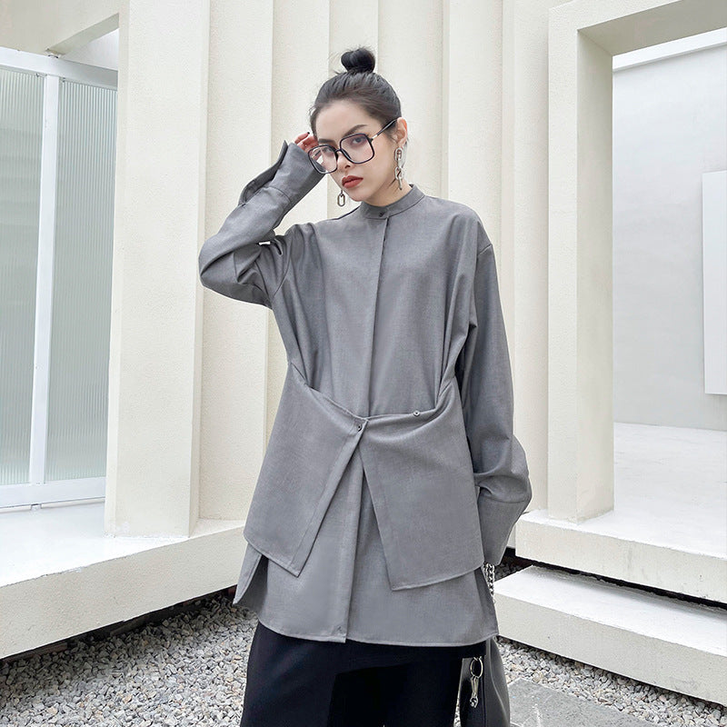 Designed Stand Collar Irregular Women Long Sleeves Shirts