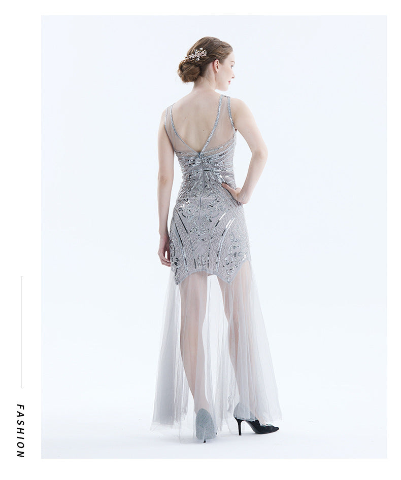 1920s Vintage Sequined Tulle Evening Party Long Dresses
