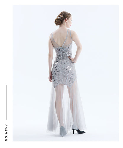 1920s Vintage Sequined Tulle Evening Party Long Dresses