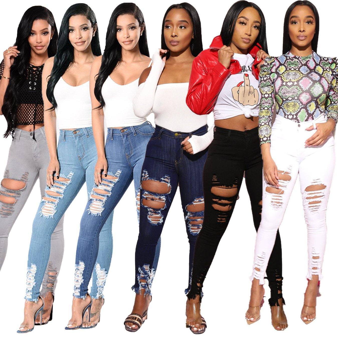 Women Sheath Elastic Broken-holes Jeans-STYLEGOING