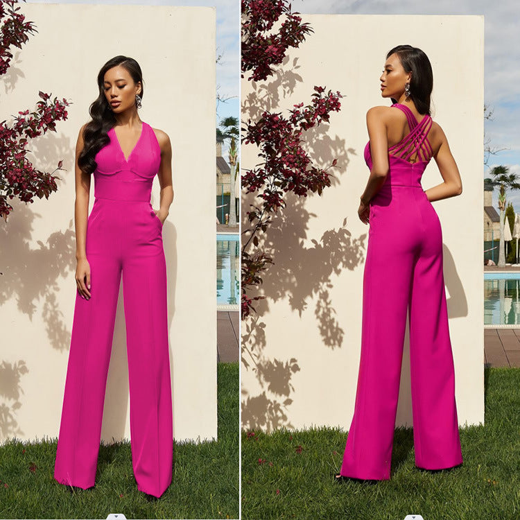 Sexy Shoulder Straps Rose Red Wide Legs Jumpsuits