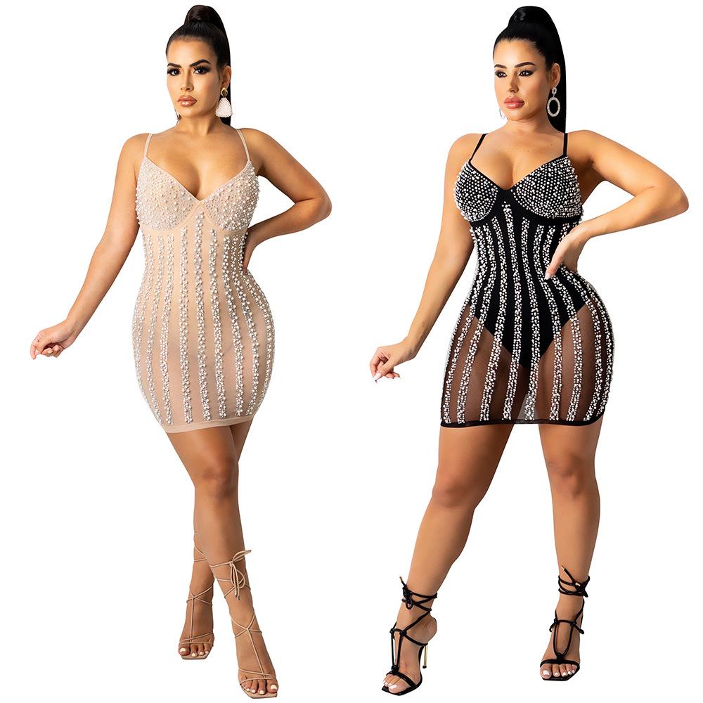 Sexy Women See Through Rhinestone Night Party Dresses-STYLEGOING