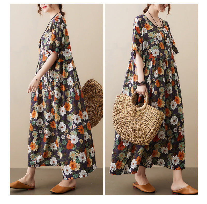 Vintage Flowers Design Summer Short Sleeves Long Cozy Dresses