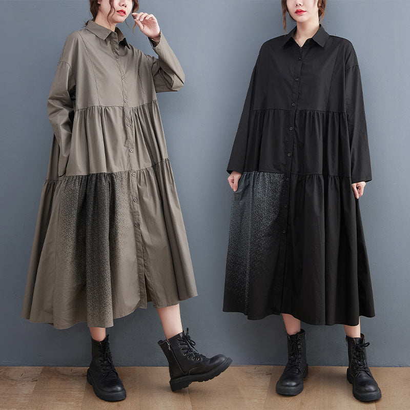 Women Turnover Collar Long Sleeves Shirts Dresses