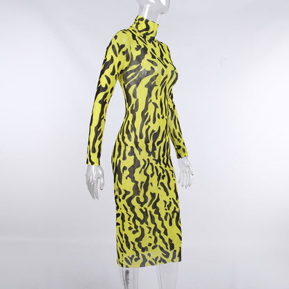 Sexy High Neck Yellow Leopard Long Sleeves Women Dresses