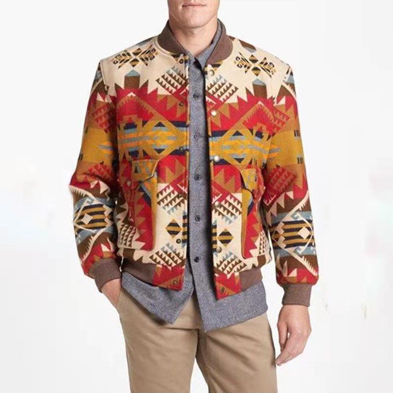 Orange Round Neck Print Men's Jackt Coat-STYLEGOING
