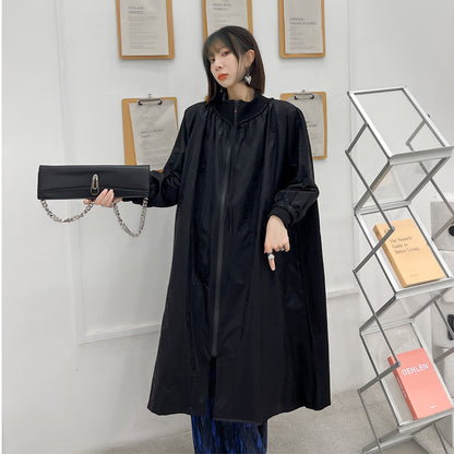 Designed Stand Collar Black Lighted Long Outerwear